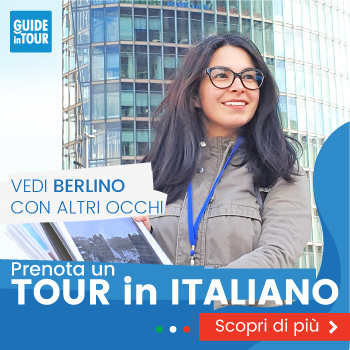 Banner pubblicitario di una guida italiana durante un tour di Berlino.